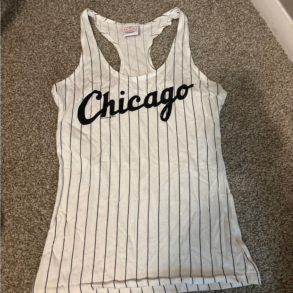 5th & Ocean Chicago Black and White Striped Tank Top